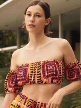 João Incerti x Anthropologie Puff Sleeve Off Shoulder Geo Bandeau Top Size XL